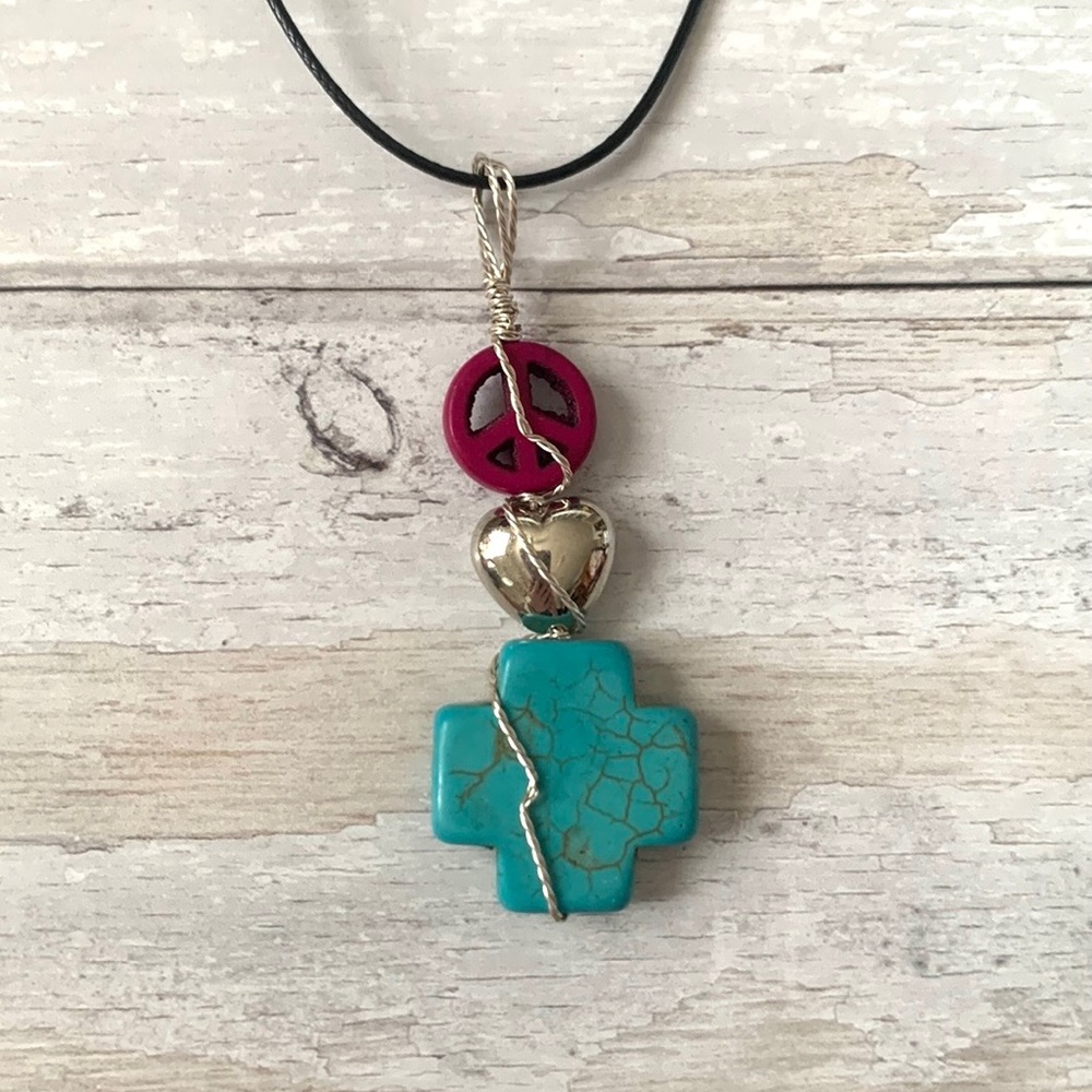 Teal Stone Cross Silver Heart Peace Sign Necklace Womens Boutique Jewelry NEW